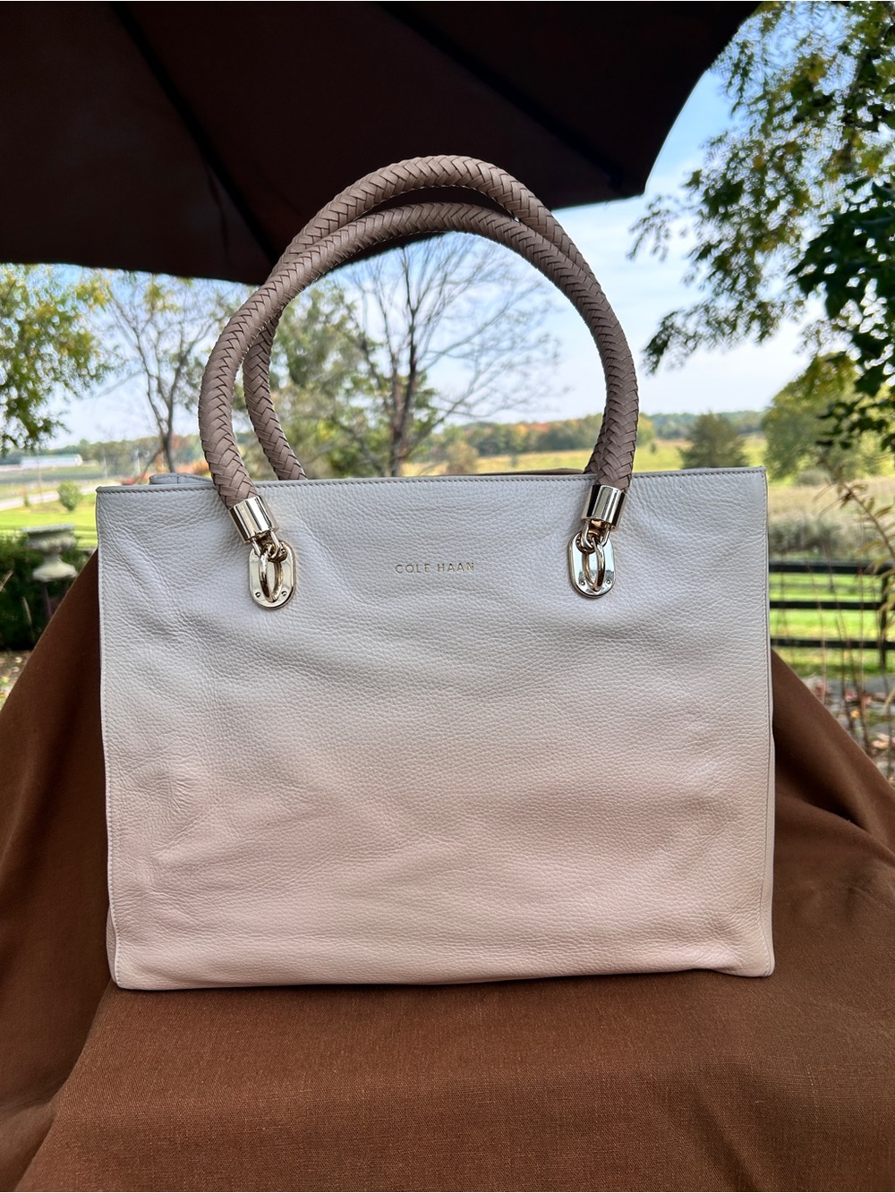 Cole Haan BENSON Cream Ombré Leather Tote with Braided Handles
